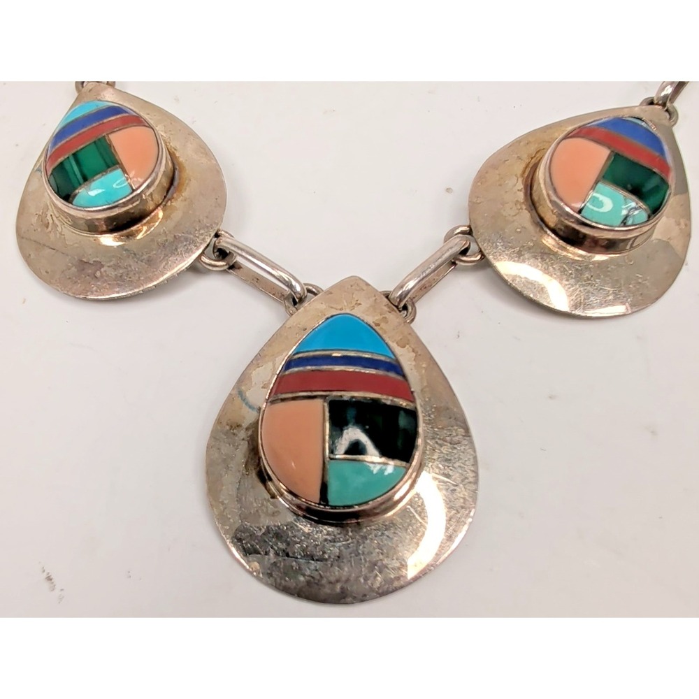 Vintage Southwestern Sterling Silver Multi Stone Inlay Necklace Earring Set